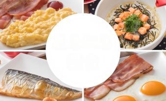 a collage of four images featuring a variety of breakfast foods , including eggs , bacon , fish , and noodles at JR-EAST HOTEL METS FUNABASHI