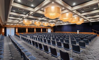 an empty conference room with rows of blue and black chairs , large chandeliers hanging from the ceiling , and a projector screen at the front at Maritim Hotel Darmstadt