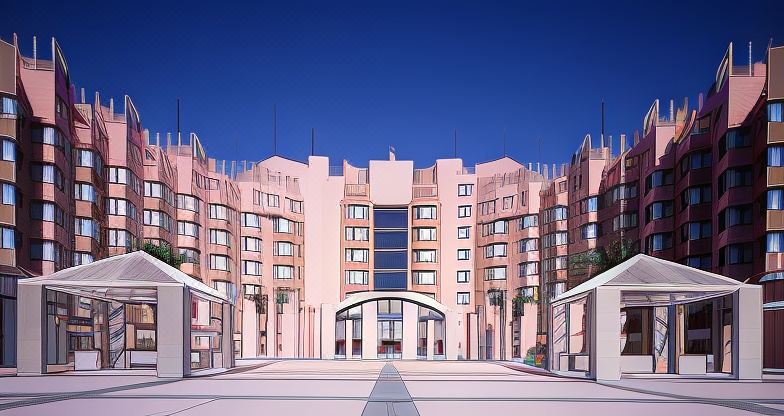 a modern building with a pink facade and white columns is surrounded by palm trees at Hotel Verde