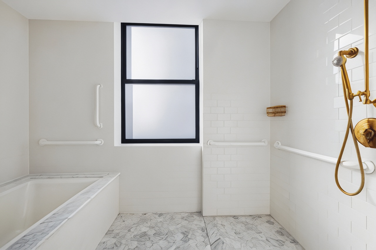 带行动无障碍浴缸和无障碍淋浴的特大床套房