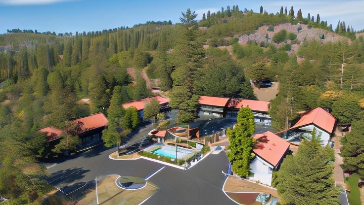 an aerial view of a resort surrounded by trees , with a pool and hot tub in the center at Yosemite Westgate Lodge