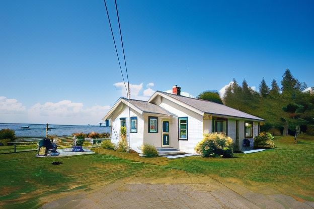 a white house with green trim situated on the shore of a body of water , surrounded by trees at Friars Bay Inn & Cottages