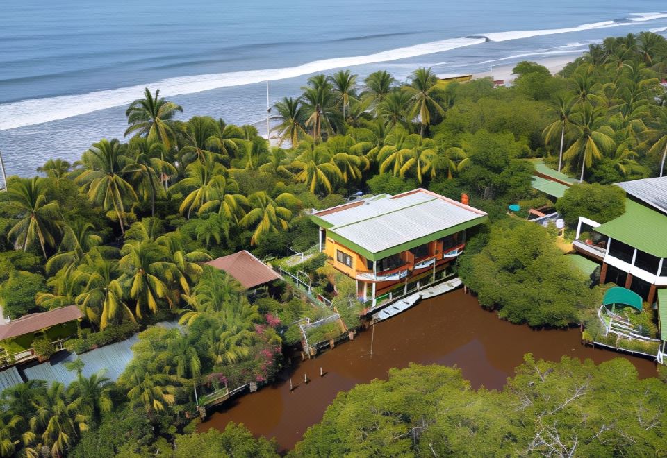 aerial view of a tropical island with palm trees , a house , and a body of water at Hotel Estero y Mar