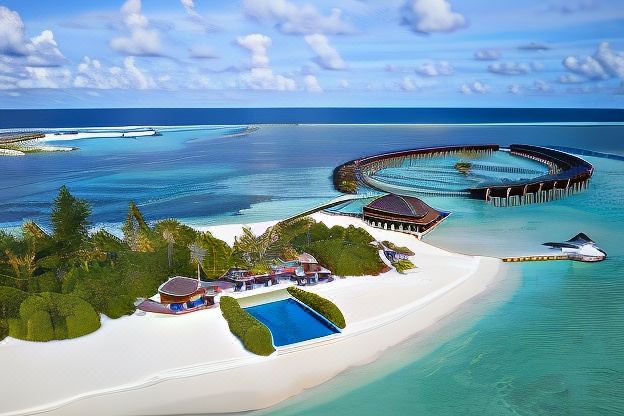 a breathtaking aerial view of a tropical island with a swimming pool , white sand beach , and blue water at Sun Siyam Olhuveli