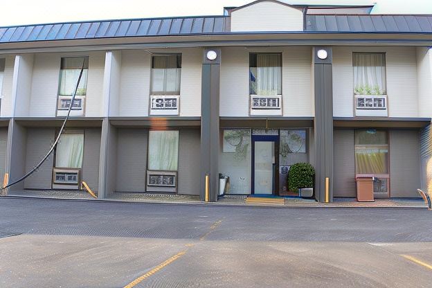 a two - story building with white walls and gray roof , featuring blue signs above the entrance at FairBridge Inn Express Melrose Park