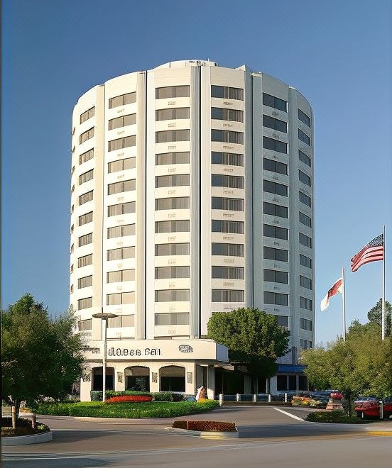 a tall white building with a dome - shaped entrance is surrounded by trees and cars in front of it at Hilton Chicago/Oak Lawn