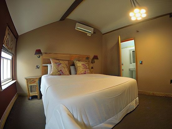 a large bed with white sheets and pillows is in a room with a wooden headboard at The Feathers