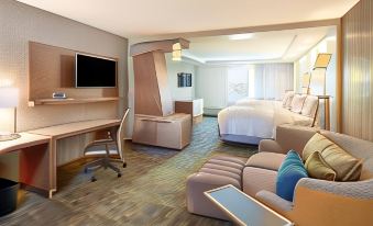 a modern hotel room with a bed , couch , desk , and tv . also a bathroom visible in the room at Courtyard Rome Riverwalk