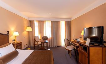 a hotel room with a bed , desk , and chair is shown with a desk , chairs , and lamps at Festa Winter Palace Hotel
