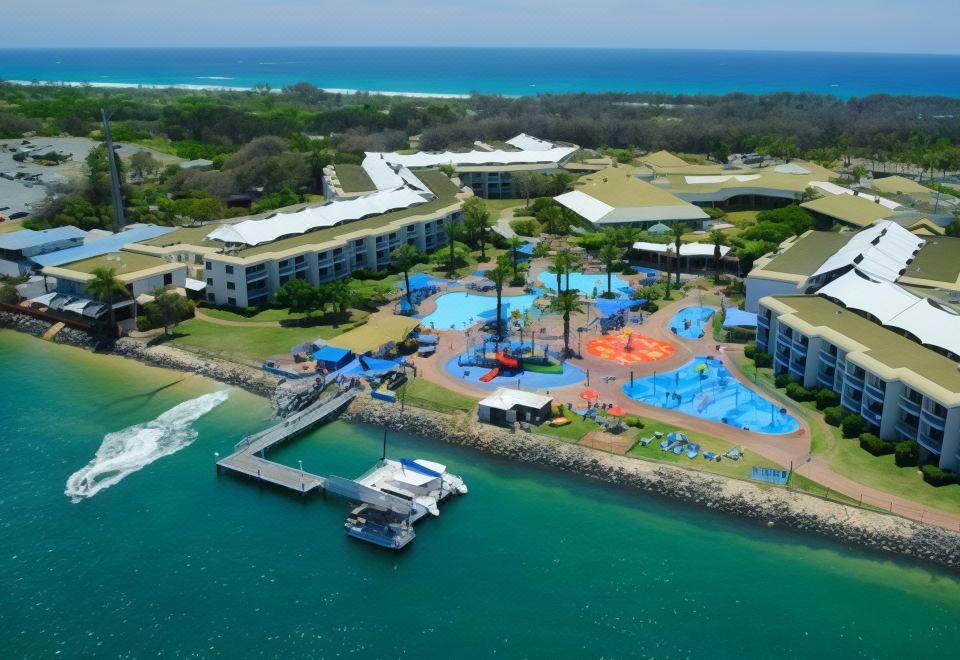 aerial view of a resort with a large pool , playground , and beach area near the ocean at Sea World Resort