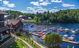 a picturesque lake scene with a marina filled with boats and surrounded by trees , grass , and buildings at Le Viking Resort & Marina