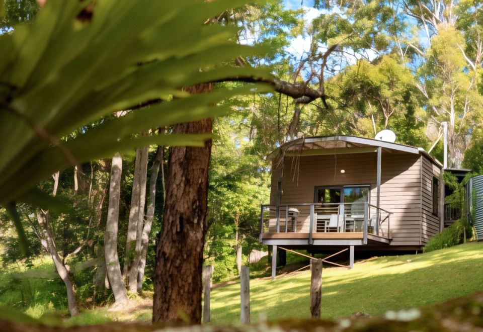 a small wooden house surrounded by trees and grass , with a deck extending from the house at Whispering Valley Cottage Retreat
