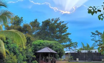 a sunny day with blue skies and green trees , a wooden gazebo in the foreground at Borobudur Bed & Breakfast