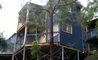 a large blue building with a tree growing out of it , surrounded by a fence at Tambaridge Bed & Breakfast