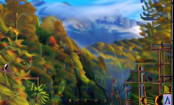 a colorful painting of a mountainous landscape with trees , grass , and a road , along with a blue staircase leading to a bridge at AYANA Holiday Resort