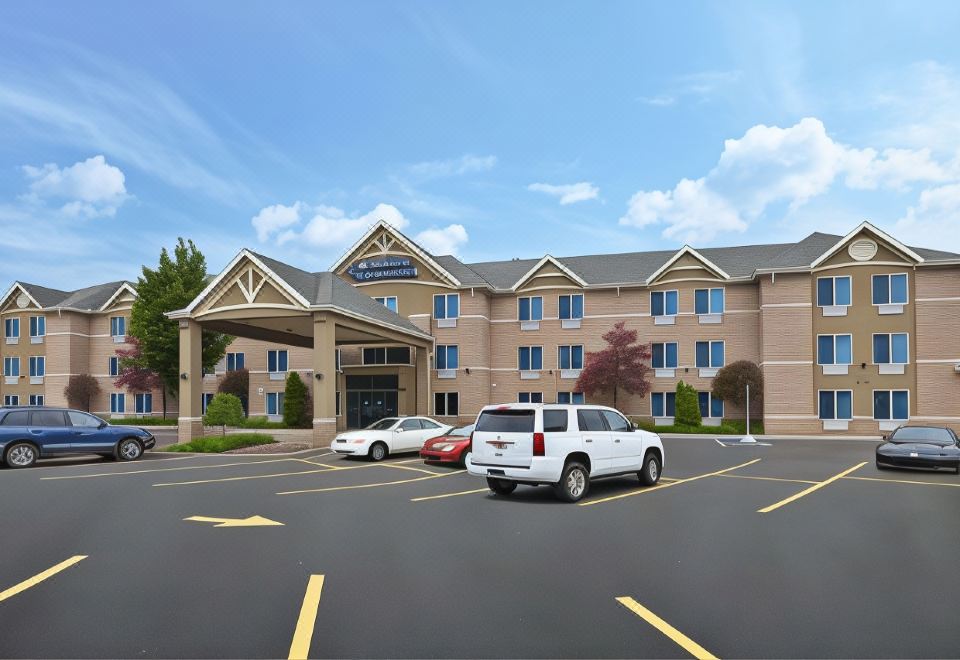 a large building with multiple entrances , including a parking lot and an entrance to a shopping center at Comfort Suites Canton