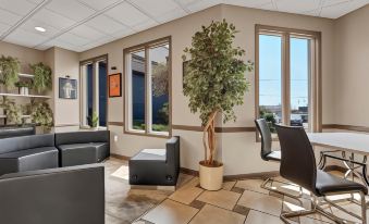 a modern office space with large windows , a green plant , and comfortable seating arrangements , providing a clean and well - organized atmosphere at Buffalo Airport Hotel