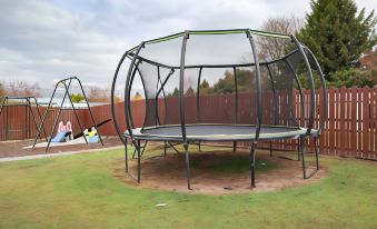 a large , circular trampoline with a netting on top is set up in a grassy area at Pinewood Motels