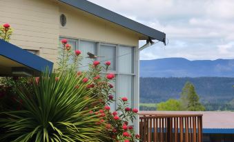 a house with a red roof , surrounded by greenery and mountains in the background , and a balcony with a potted plant at Mountain View Country Inn