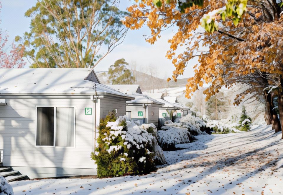 a row of white cabins are lined up in a snow - covered area with trees and shrubs at Discovery Parks - Jindabyne
