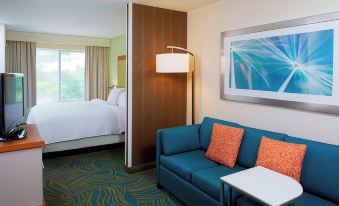 a hotel room with a blue couch , a bed , and a painting on the wall at SpringHill Suites Atlanta Six Flags