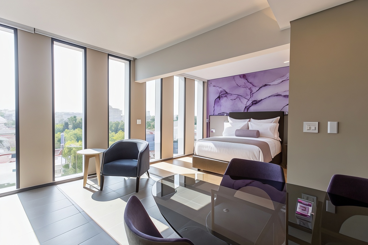 初級房，1張特大床，小廚房，城市景觀