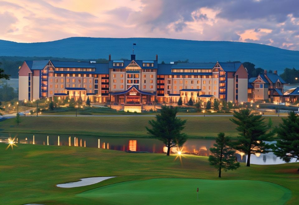 a large , grand hotel with multiple floors and balconies , surrounded by lush greenery and mountains , under a serene sunset sky at Mount Airy Casino Resort - Adults Only