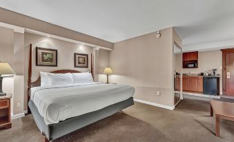 a hotel room with a king - sized bed , a bathroom , and a kitchenette in the background at Buffalo Airport Hotel