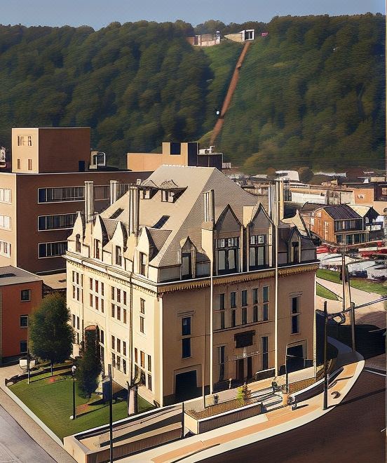 a large building with a tower is situated in the middle of a city , surrounded by other buildings and trees at Holiday Inn Johnstown-Downtown