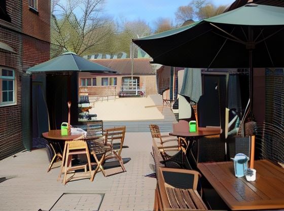an outdoor dining area with several chairs and tables set up for guests to enjoy a meal at Spread Eagle Inn