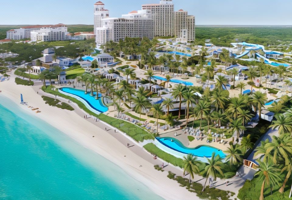an aerial view of a resort with multiple buildings , a large pool , and palm trees near the ocean at Grand Hyatt Baha Mar