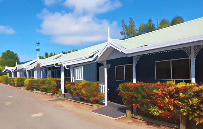 a row of blue houses with white trim , surrounded by colorful flowers and trees , under a blue sky at Cooktown Motel