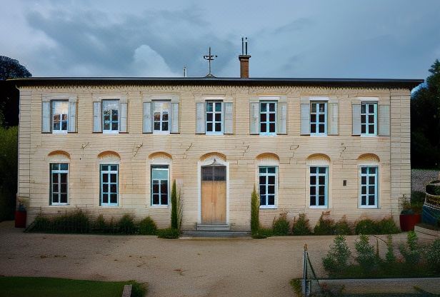 a large , beige building with white windows and shutters is surrounded by a gravel path at Le Cercle Chambres climatisées