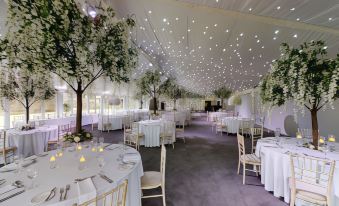 a large white tent filled with tables and chairs , decorated with white tablecloths and greenery , under a starry ceiling at Nunsmere Hall Hotel