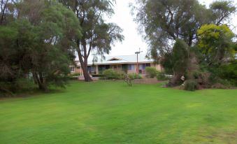 a large , well - maintained lawn with a house in the background , surrounded by trees and grass at Emu Point Motel