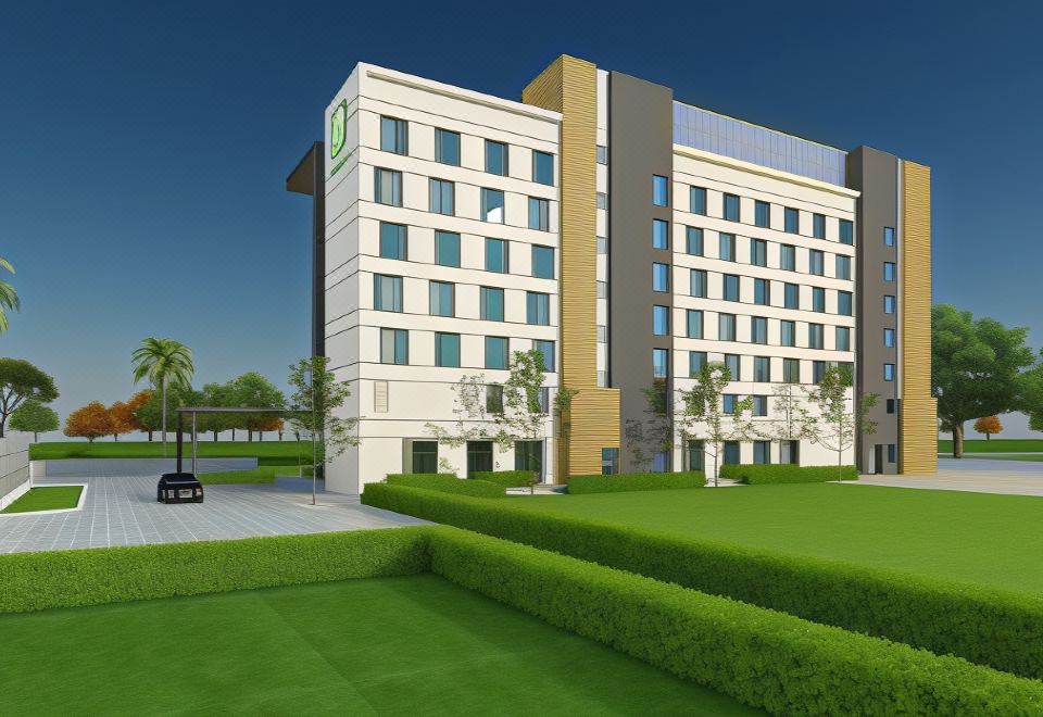 a large building with a parking lot in front of it , surrounded by green grass at Holiday Inn Express Kolkata Airport