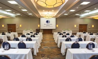 a conference room with rows of tables and chairs , a projector screen , and a chandelier at DoubleTree by Hilton Hotel Oak Ridge-Knoxville
