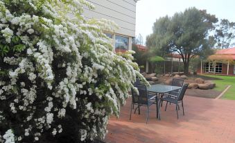 a brick patio surrounded by white flowers , with a table and chairs set up for outdoor dining at Grange Burn Motel