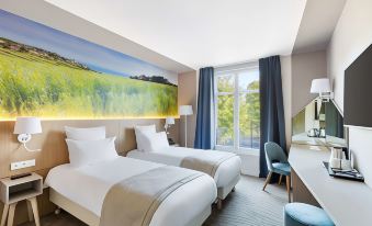 a hotel room with two beds , a desk , and a large window , decorated with a panoramic mural of a field at Best Western le Beffroi