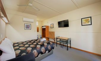 a small hotel room with a bed , desk , and tv , along with a couch and chairs at The Terang Motor Inn