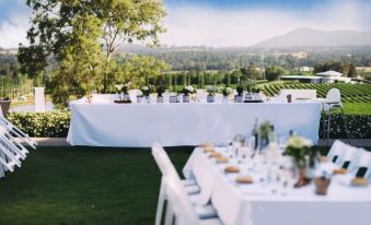 a long dining table set up on a grassy lawn , surrounded by trees and mountains in the background at Estate Tuscany