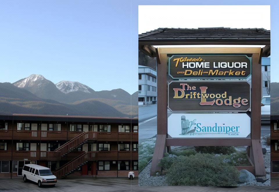 "a collage of a hotel building and a sign for a hotel "" home liquors "" and "" the driftwood lodge ""." at The Driftwood Lodge