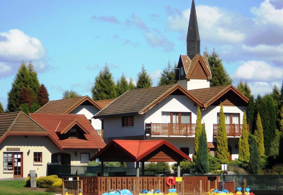 a large house with a red roof and a steeple is situated on the shore of a lake , surrounded by trees and people enjoying their time at Aspect Tamar Valley Resort