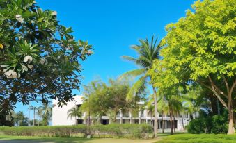 a large white building surrounded by trees and grass , with a blue sky in the background at San Antonio Resort