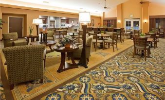 a large dining area with multiple tables , chairs , and a rug on the floor , all set against a wall at Homewood Suites by Hilton Minneapolis-New Brighton