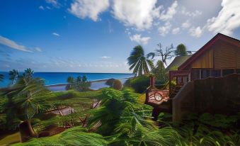 a beautiful tropical beach scene with palm trees , blue skies , and white sandy beaches under the shade of lush greenery at Maravu Taveuni Lodge
