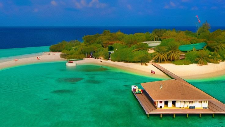 a tropical island with a wooden cabin , clear blue water , and white sandy beaches under a sunny sky at Eriyadu Island Resort