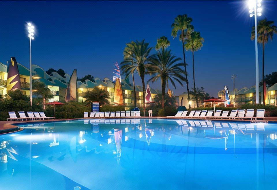 a large swimming pool with palm trees and lounge chairs is surrounded by buildings at night at Disney's All-Star Sports Resort