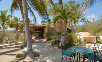 a patio area with a table , chairs , and umbrellas is surrounded by palm trees and a stone wall at Villa del Faro