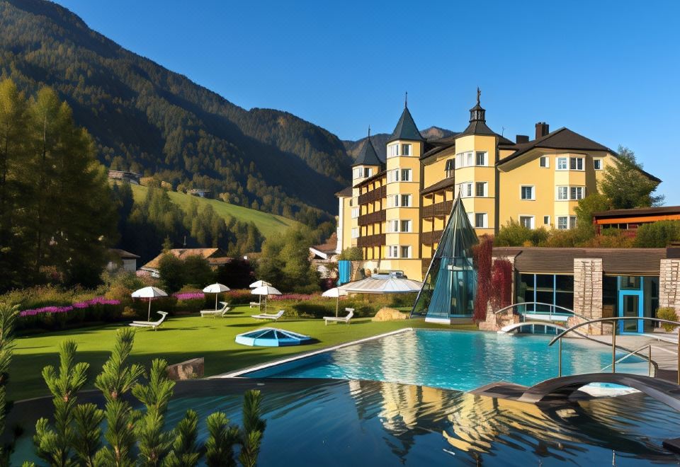 a large hotel with a swimming pool surrounded by lush greenery , situated in a mountainous area at Adler Spa Resort Dolomiti